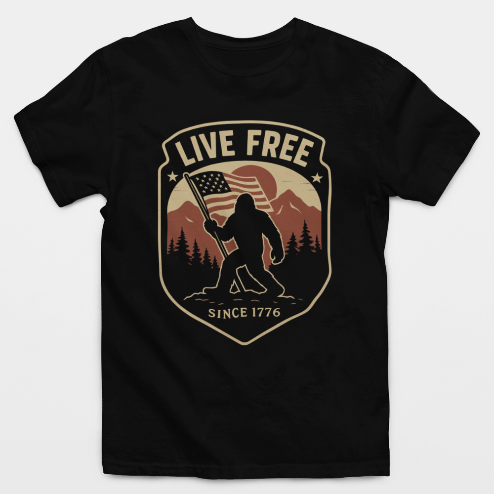 Live Free Bigfoot American Flag T-Shirt