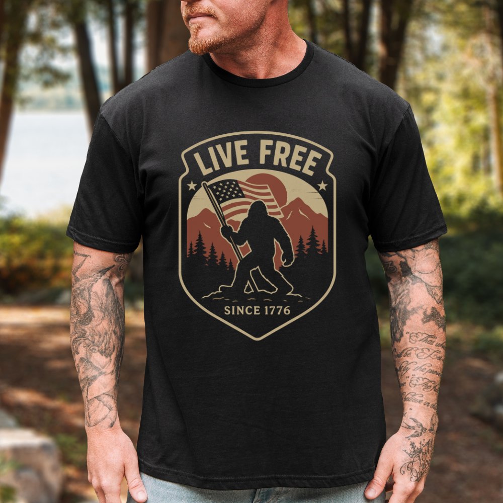 Live Free Bigfoot American Flag T-Shirt