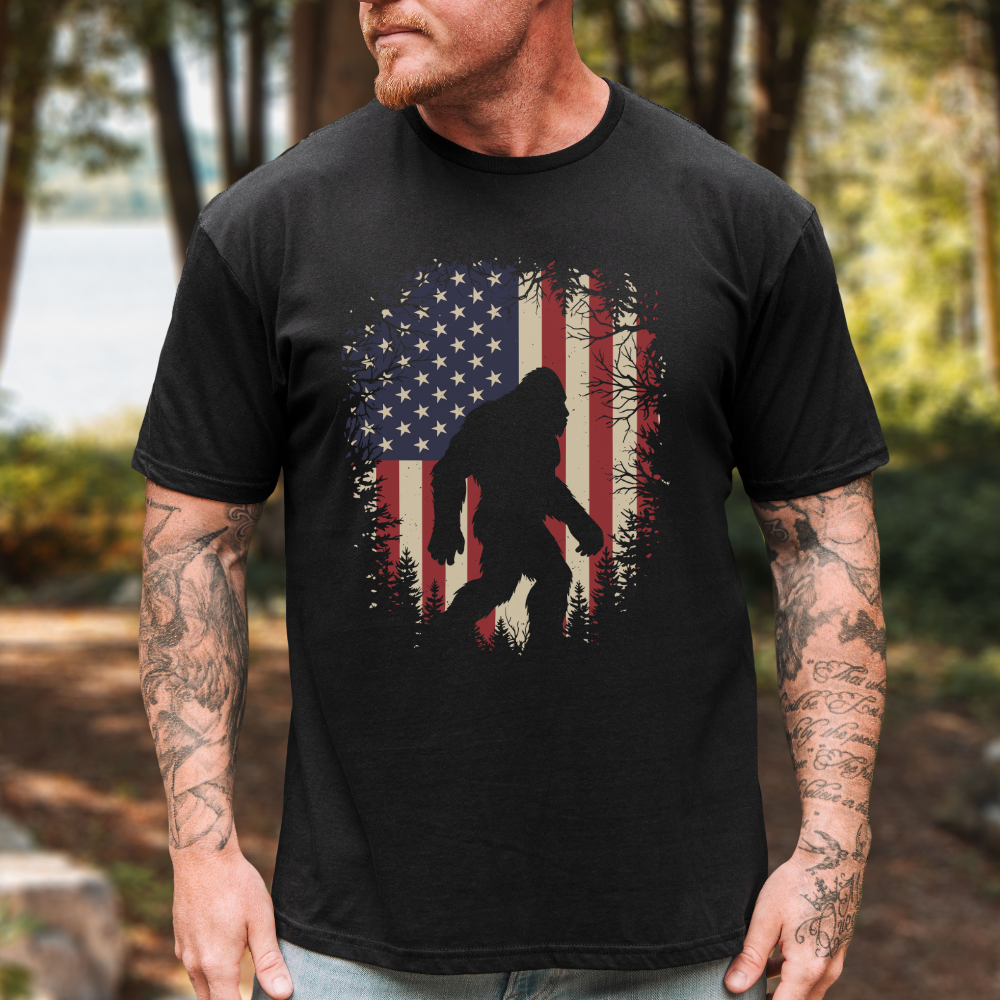 Bigfoot Silhouette American Flag T-Shirt