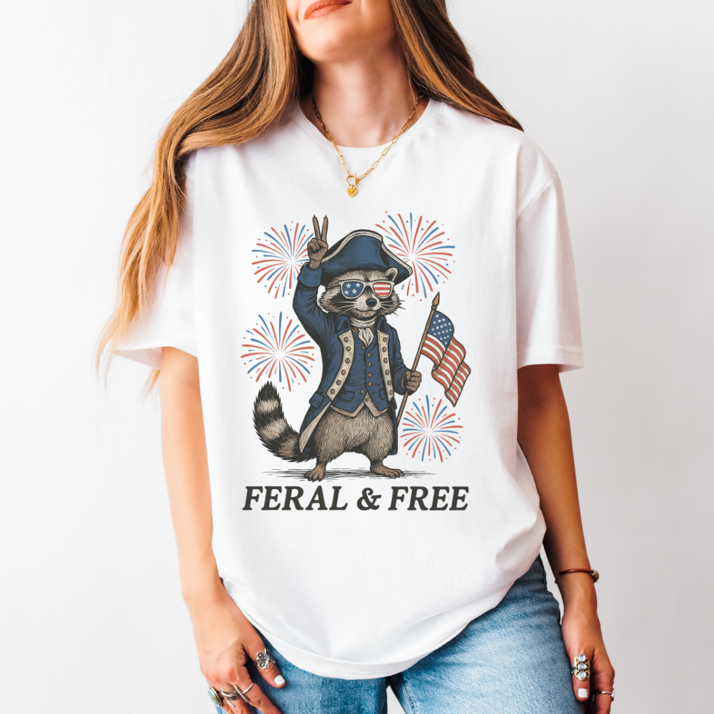 Feral & Free Raccoon Fireworks T-Shirt